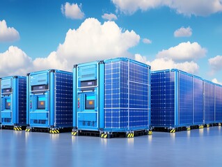 Modern blue solar energy storage units outdoors.