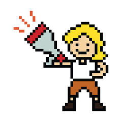 Fototapeta premium Cute pixel cartoon character man with megaphone announcement speaker information announce decoration 8 bit male boy megaphone cartoon pixel game png vector. 