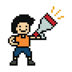 Obraz premium Cute pixel cartoon character man with megaphone announcement speaker information announce decoration 8 bit male boy megaphone cartoon pixel game png vector. 