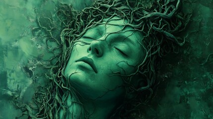 Fototapeta premium Dreamlike face entwined with surreal vines, symbolizing a fusion of nature and human form.