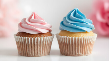 Delicious cupcakes with gift boxes, Gender reveal party concept.