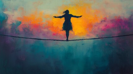 Silhouette of a woman balancing on a tightrope against a colorful sunset sky. Symbolizing balance