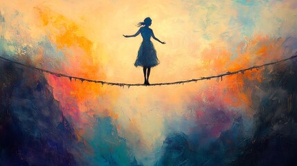 Silhouetted woman balances on a rope amidst colorful abstract skies.