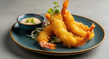 Crispy Shrimp Tempura with Sauce and Salad on a Plate