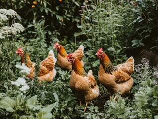 Fototapeta premium free-range chickens roaming freely in a lush garden, showcasing a vibrant outdoor farming scene that highlights animal welfare and natural living