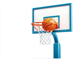 Basketball hoop with orange ball perfectly positioned against isolated white background for eye-catching visuals