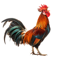 Fototapeta premium Colorful rooster standing proudly on a white isolated background.