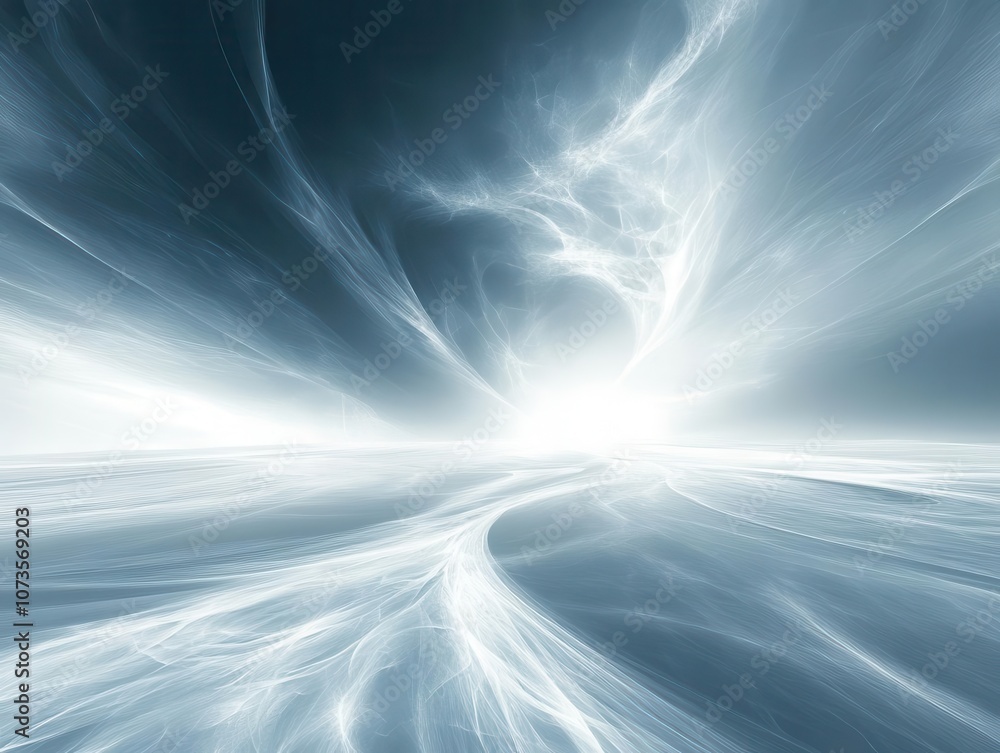 Poster futuristic abstract background featuring a white fractal horizon, creating an illusion of depth and 