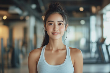 A young Asian woman in an exercise outfit with a fitness background.