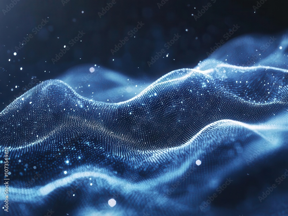 Poster futuristic data technology visualization featuring a blue wave pattern against a dark background. th