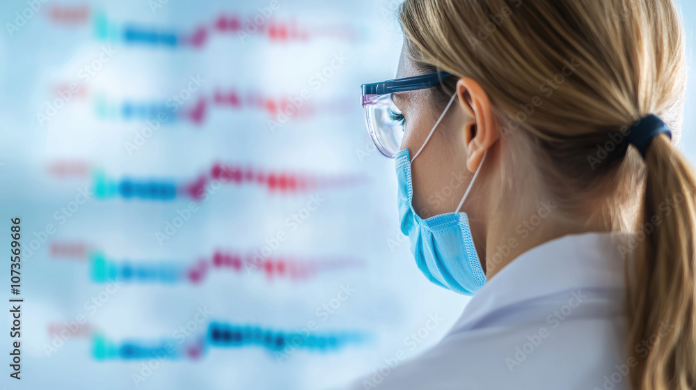 Poster a scientist in protective gear analyzes genetic sequences displayed in colorful graphs.