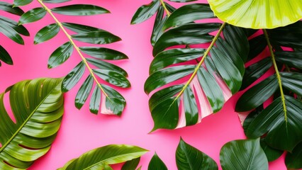 Vibrant Tropical Leaves on Pink Background: Perfect for Wallpaper, Home Decor, or Marketing Materials