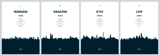 Travel vector set with city skylines Warsaw, Krakow, Kyiv, Lviv detailed city skylines minimalistic graphic artwork © max_776