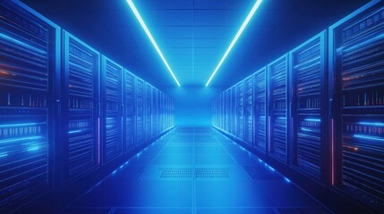Digital illustration of an advanced data center with rows of high-tech server cabinets