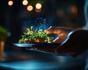 A close up image of a chef s hand holding a plate with a green salad and digital particles   representing the future of food technology