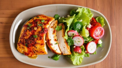 Gourmet Grilled Chicken Breast with Fresh Green Salad - Perfect for Healthy Meals, Lunch, or Dinner