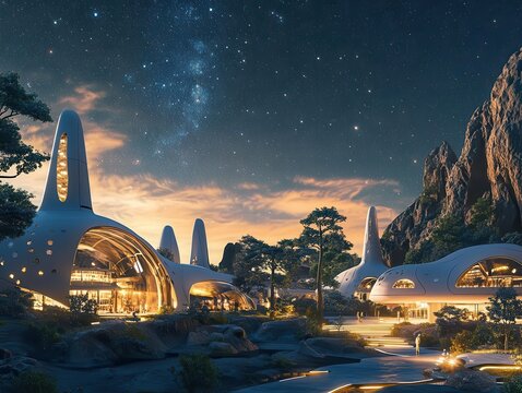 futuristic nyx colony concept depicting a thriving extraterrestrial settlement under a starry sky, showcasing advanced architecture and harmonious living with nature on an alien planet