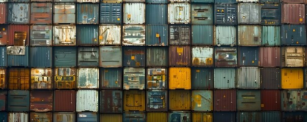 A colorful arrangement of shipping containers stacked together, showcasing various textures and colors.