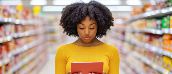 A woman with curly hair in a grocery store, focused on her phone while surrounded by colorful product shelves.