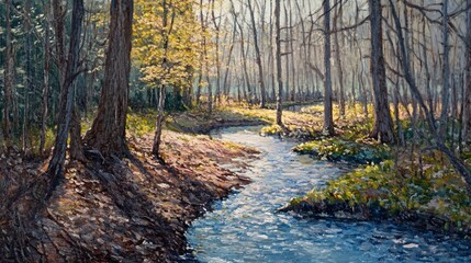 Fototapeta premium A winding stream flows through a sun-dappled forest, with dappled sunlight illuminating the water and trees.