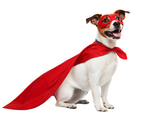 Superhero dog in costume with a red cape on a transparent or white isolate background.
