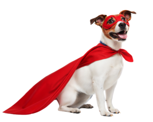 Superhero dog in costume with a red cape on a transparent or white isolate background.