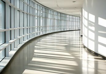 Modern Office Corridor with Sunlight Streaming Through Windows