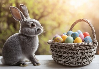 Cute Gray Rabbit with Easter Eggs in Basket