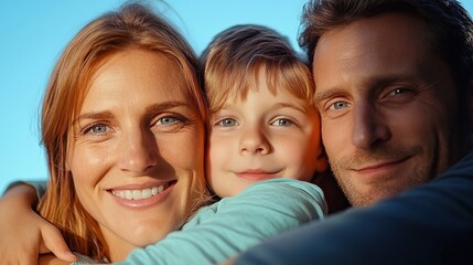 Obraz premium Family Enjoying a Joyful Moment Outdoors With Bright Smiles, Embracing Each Other Under a Clear Blue Sky During a Sunny Afternoon