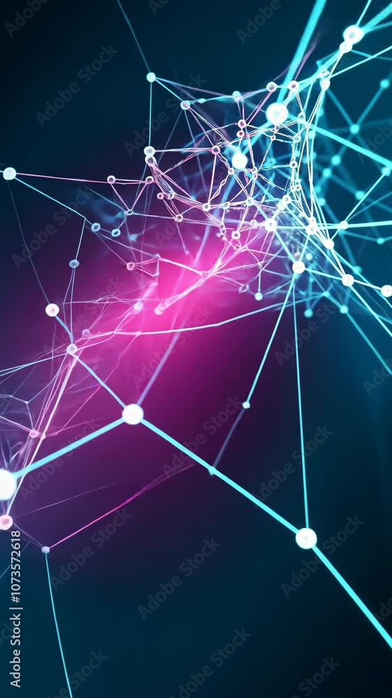 Poster a vibrant web of interconnected lines and glowing dots against a deep blue background