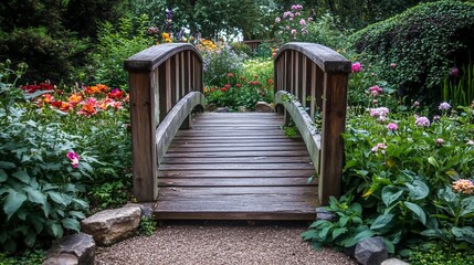 Wooden bridge leading through a lush garden with colorful flowers.