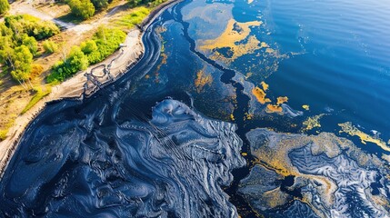 Aerial view of coastal area with dark, sticky tar covering beach and seawater, highlighting environmental pollution and providing copy space for text or design.