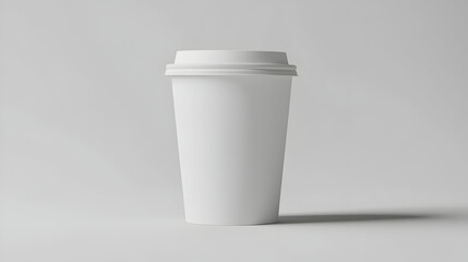 A white, disposable coffee cup with a lid, standing on a white surface, casting a shadow.