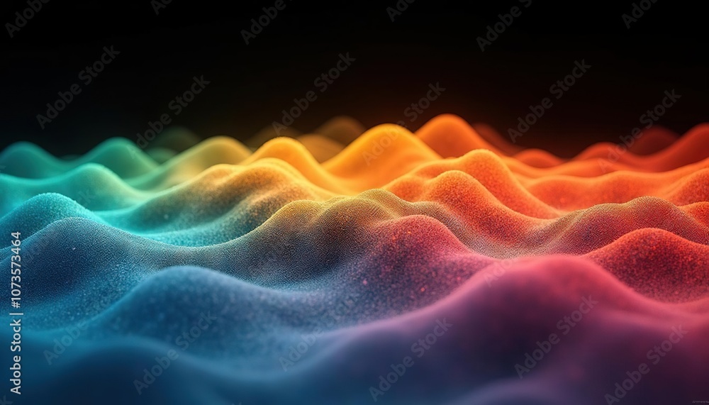 Poster abstract colorful wave pattern with textured peaks in a dark background, resembling a rainbow landsc