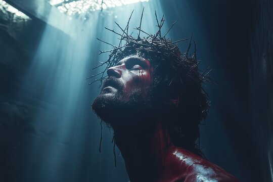 The Crown of Thorns, encircling the head of Jesus, illuminated by a single shaft of light that highlights the agony and sacrifice of the crucifixion