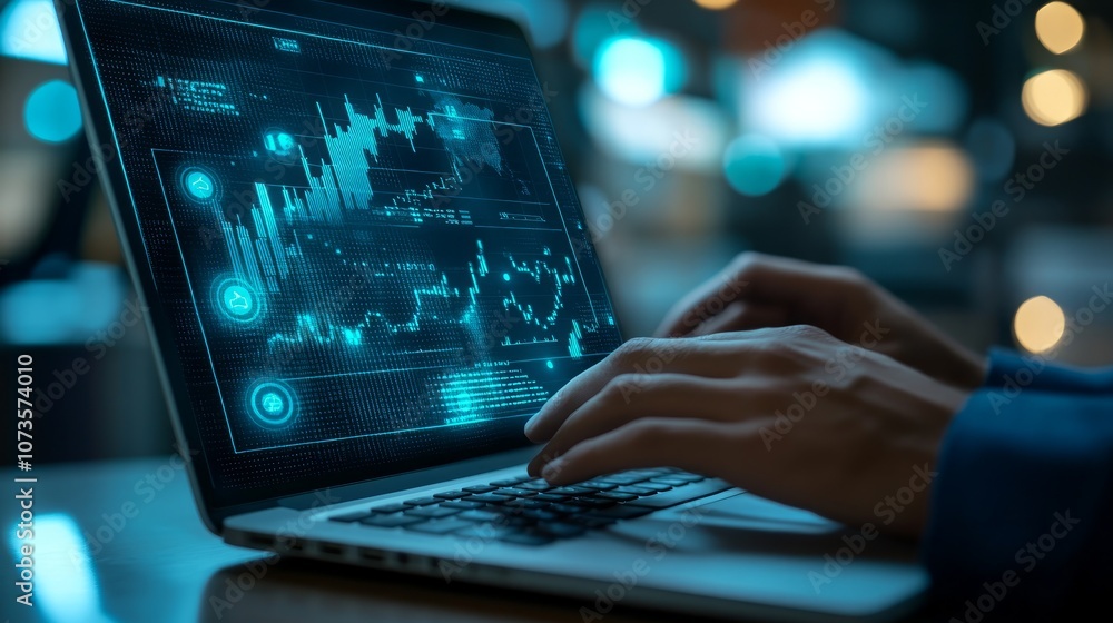Poster a person's hands are typing on a laptop with a graph displayed on the screen. the graph shows the st