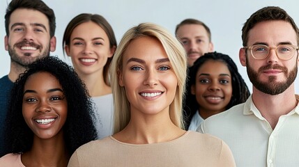 Diverse Group of Smiling Young Adults Standing Together in a Well-Lit Studio, Showcasing Camaraderie and a Positive Atmosphere