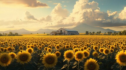 Obraz premium A white farmhouse stands in a field of sunflowers at sunset, with mountains in the distance.