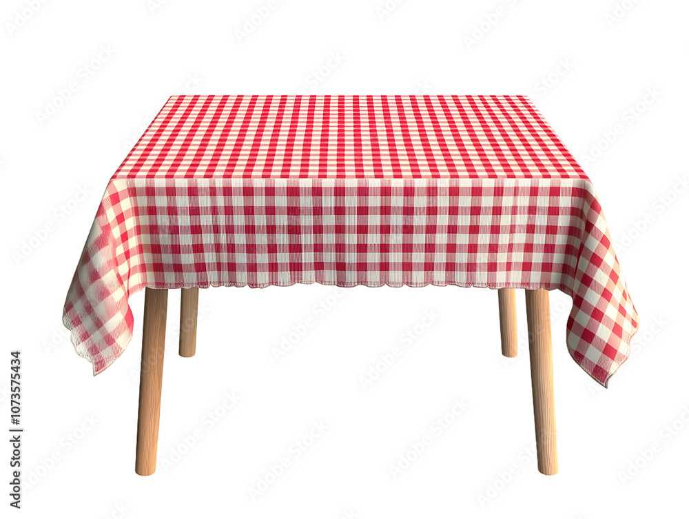 Poster table with red and white checkered tablecloth isolated on transparent background.
