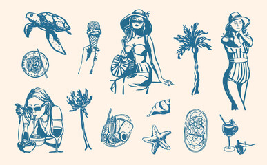 Hand Drawn La Dolce Vita Italian Mediterranean Summer Beach Picnic, Restaurant Menu, Wine and Pasta, Poster Design Invitation Card, and Tropical Palm Tree