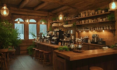 stylish cozy coffee shop in vintage wooden style