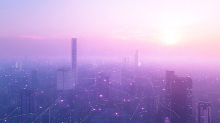 Obraz premium A soft-focus view of a city skyline at sunrise with glowing network lines connecting buildings.