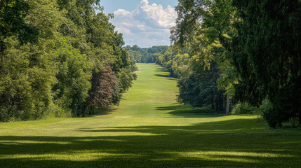 Obraz premium Lush Golf Course Framed by Verdant Trees Offering Scenic Nature View