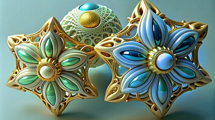 3D colorful Jewelry art forms with golden patterns background texture