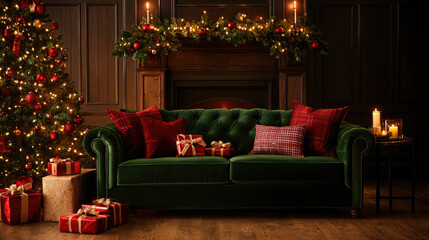 Fototapeta premium A cozy, elegantly decorated living room featuring a green sofa, festive pillows, a Christmas tree, and beautifully wrapped gifts, creating a warm holiday atmosphere.