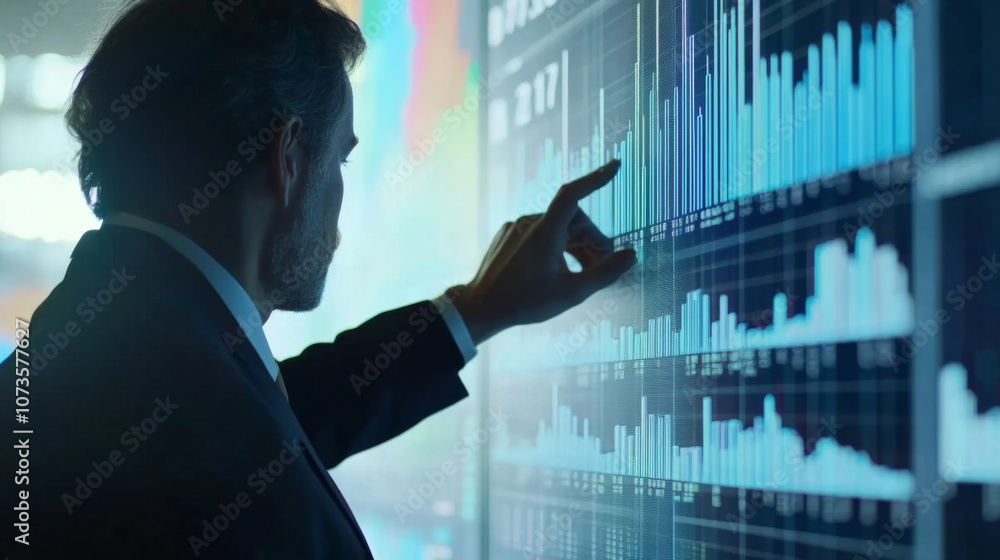 Poster financial manager analyzing capital cost structure with data visualizations