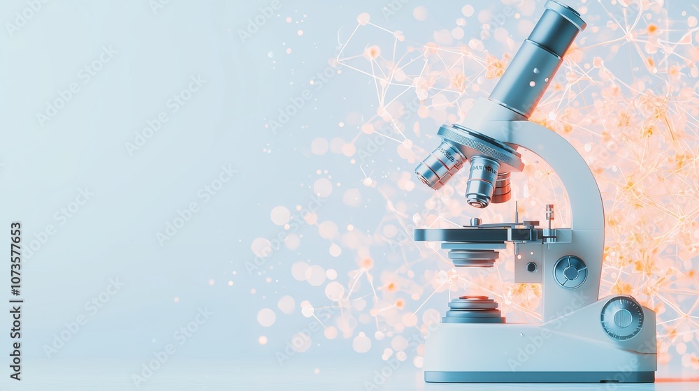 Poster explore the fascinating world of science with a modern microscope isolated on a white background