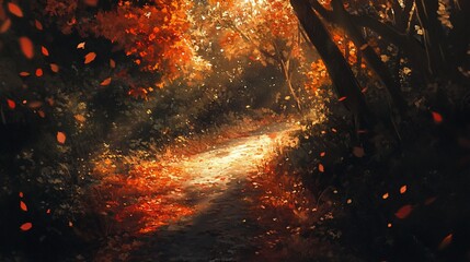 A sunlit path winds through a forest, with autumn leaves falling around it.