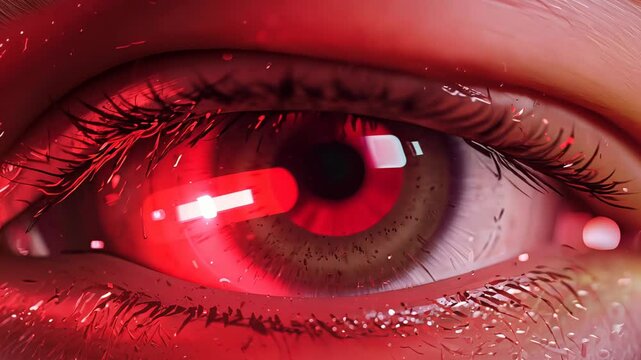 human eye illuminated with intense red light, highlighting intricate details of the iris and eyelashes, creating a futuristic and intense visual