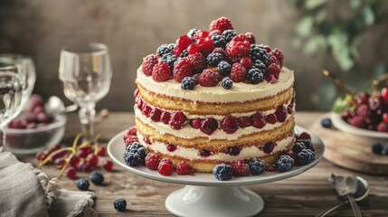 A beautifully presented layered cake, garnished with fresh berries and nuts, placed on a white plate. The cake is set on a rustic wooden table, accompanied by elegant glasses, creating a cozy Cake